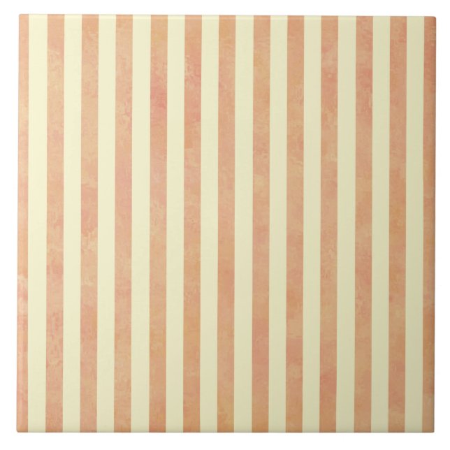 Pink, Peach, and Cream Stripes Pattern Ceramic Tile (Front)