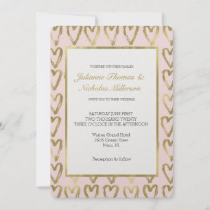 Pink Peach and Gold Hearts Wedding Invitation