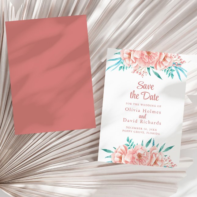 Pink Peach and Turquoise Floral Save the Date Card (Peach and Turquoise Save the Date Card on a sunny white dry palm leaf.)