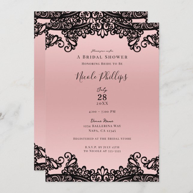 Pink Peach Black Ink Lace Elegant Bridal Shower   Invitation (Front/Back)