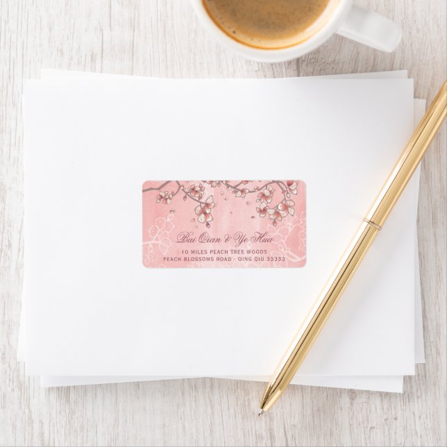 Pink Peach Blossoms Florals Asian Wedding Address Label (Insitu)
