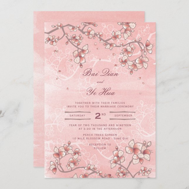 Pink Peach Blossoms Romantic Florals Asian Wedding Invitation (Front/Back)