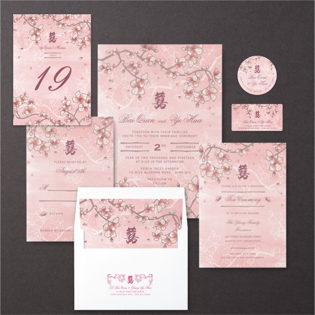 Pink Peach Blossoms Romantic Florals Asian Wedding RSVP Card (ETERNAL LOVE PINK PEACH/PLUM BLOSSOMS ELEGANT FLORAL CHINESE WEDDING COLLECTION @ fatfatin_red_knot)