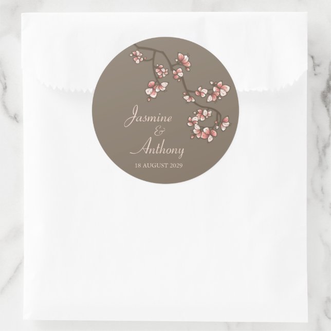 Pink Peach Blossoms Sakura Modern Asian Wedding Classic Round Sticker (Bag)