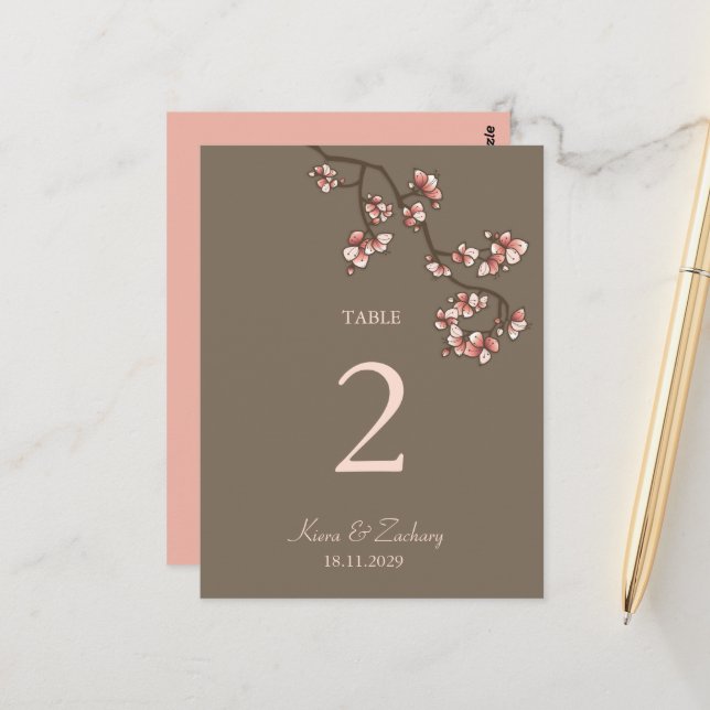 Pink Peach Blossoms Wedding Table Number Card (Front/Back In Situ)