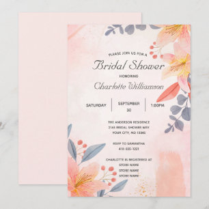 Pink Peach Blue Coral Floral Bridal Shower  Invitation