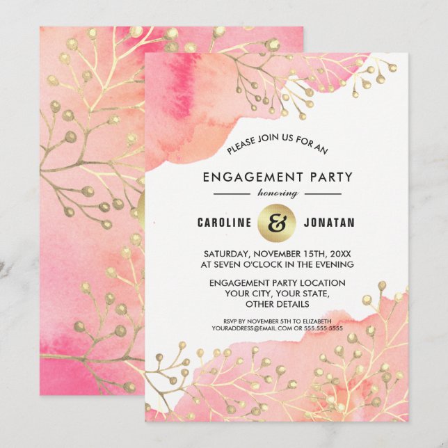 Pink | Peach Botanical Engagement Party Invitation (Front/Back)