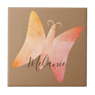 Pink Peach Butterfly Personalised Name Ceramic Tile
