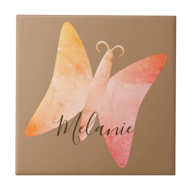 Pink Peach Butterfly Personalised Name Ceramic Tile (Front)