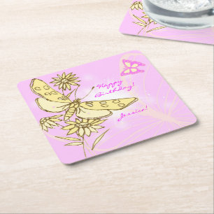 Pink Peach Butterfly Square Paper Coaster