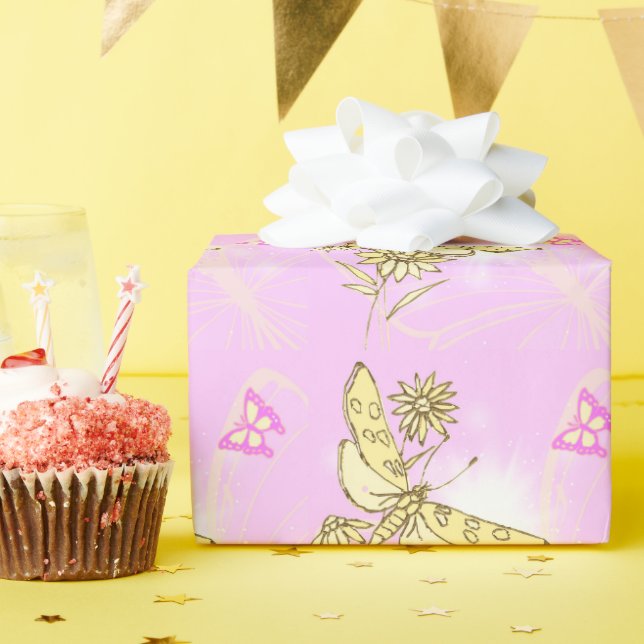 Pink Peach Butterfly Wrapping Paper (Birthday Party)