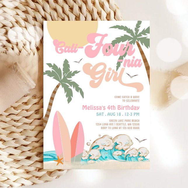 Pink Peach Cali-Four-nia Girl Surfing 4th Birthday Invitation (Creator Uploaded)