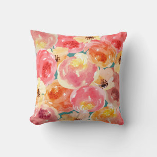 Pink Peach Chic Trendy Feminine Watercolor Flowers Cushion