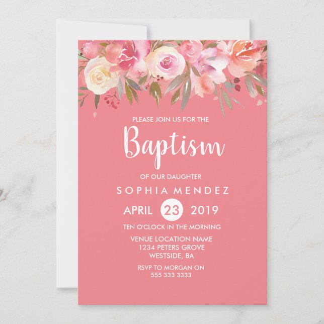 Pink Peach Coral Watercolor Baptism Invite (Front)