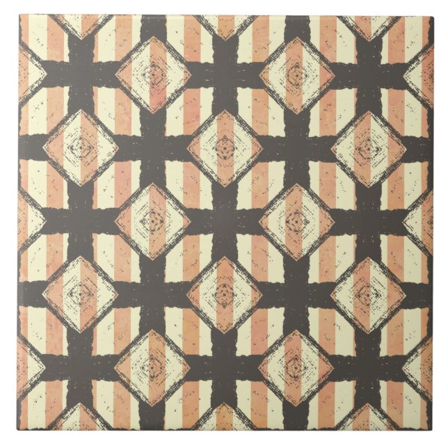 Pink, Peach, Cream & Bronze Striped Cross Pattern Ceramic Tile (Front)