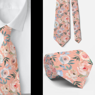 Pink Peach Dusty Light Blue Roses Floral Neck Tie
