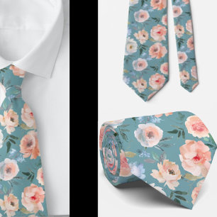 Pink Peach Dusty Light Blue Roses Floral Neck Tie