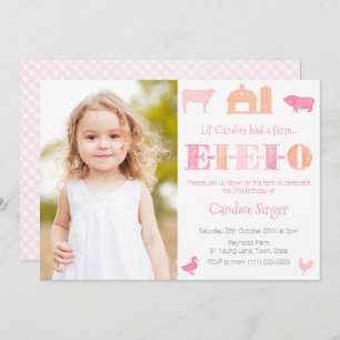 Pink Peach EIEIO Petting Zoo Girl Birthday Party  Invitation