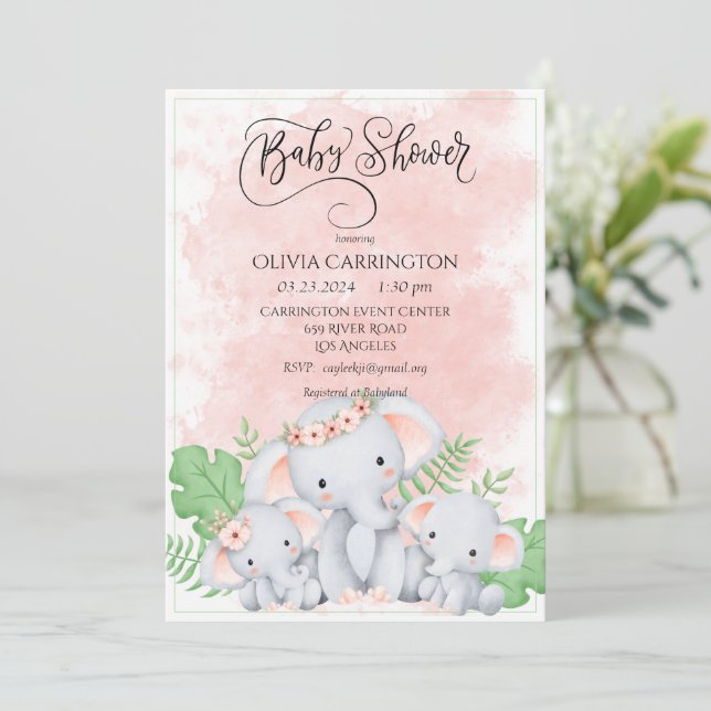 Pink Peach Elephant Watercolor Baby Shower Invitation (Standing Front)