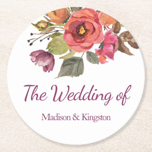 Pink Peach Fall Elegant Floral Wedding Round Paper Coaster (Front)