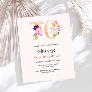 Pink peach floral 70th birthday budget invitation