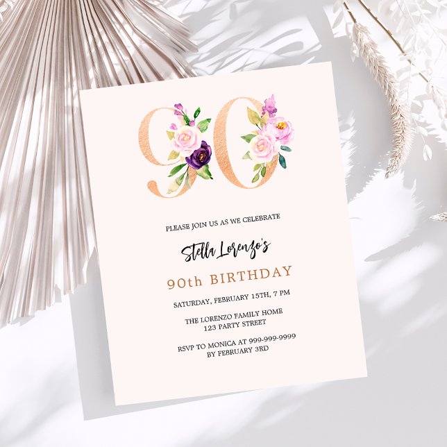 Pink peach floral 90th birthday budget invitation (Creator Uploaded)
