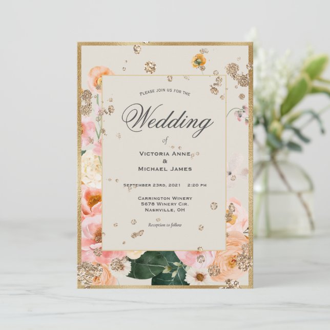Pink Peach Floral Elegant Gold Wedding Invitation (Standing Front)