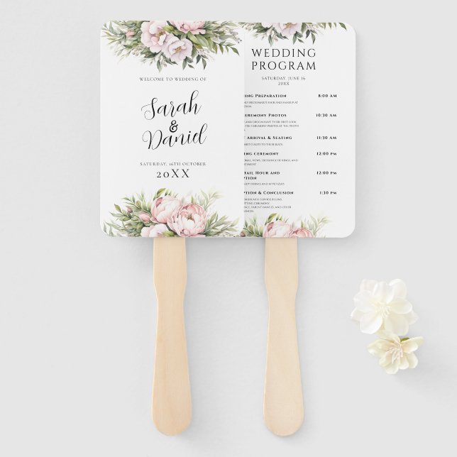Pink Peach Floral Elegant Wedding Programs Hand Fan (Front and Back)