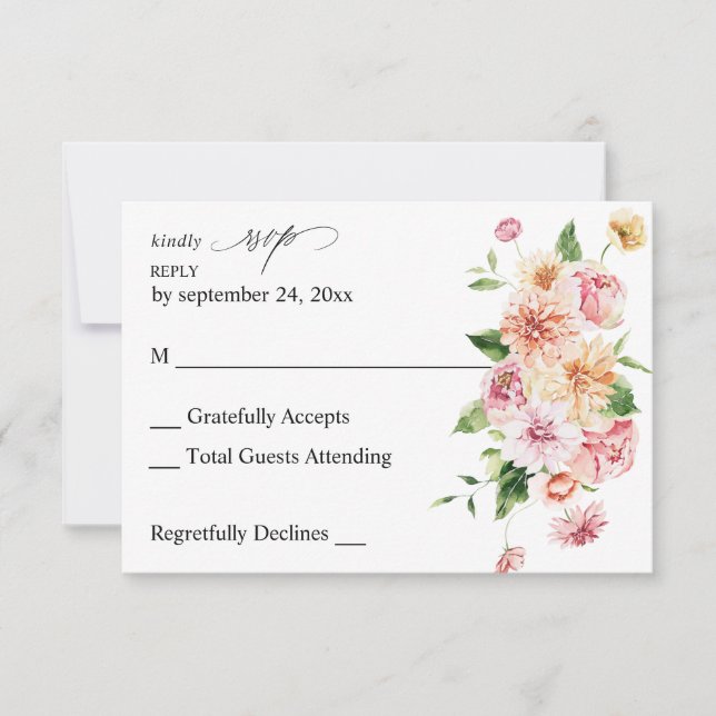 Pink & Peach Floral & Greenery no Meal RSVP Card (Front)