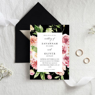 Pink & Peach Floral & Greenery Wedding - Black Invitation