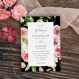 Pink & Peach Floral & Greenery Wedding - Black V2 Invitation