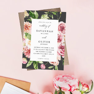 Pink & Peach Floral & Greenery Wedding - Grey Invitation