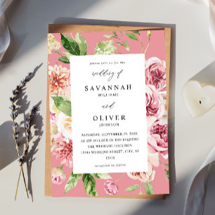 Pink & Peach Floral & Greenery Wedding - Pink Invitation