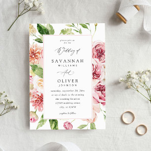 Pink & Peach Floral & Greenery Wedding V2 w Frame Invitation