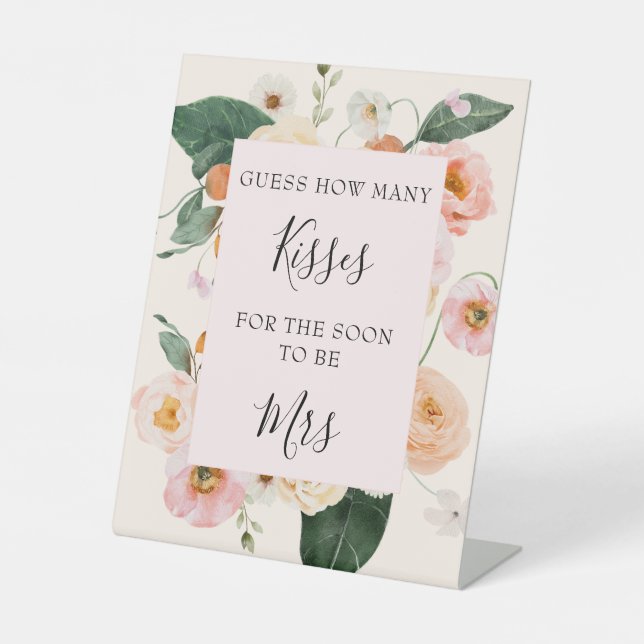 Pink Peach Floral Guess How Many Kisses Pedestal Sign (Front)