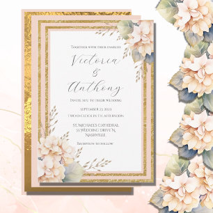 Pink Peach Floral Hydrangea Gold  Modern Wedding  Invitation