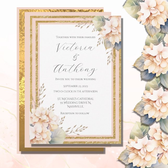 Pink Peach Floral Hydrangea Gold  Modern Wedding  Invitation (Creator Uploaded)