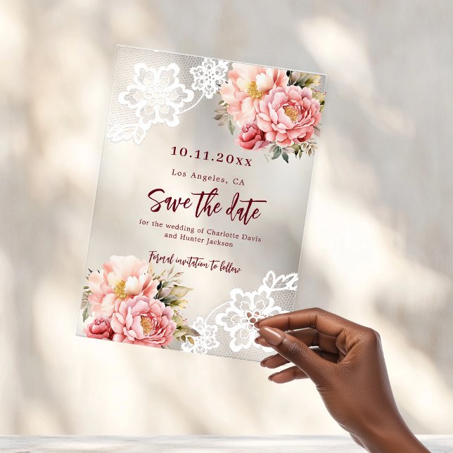 Pink peach floral lace wedding Save the Date card Acrylic Invitations (Creator Uploaded)