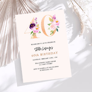 Pink peach floral numbers gold 40th birthday invitation