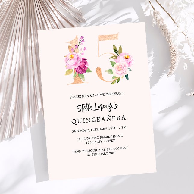 Pink peach floral numbers gold Quinceanera Invitation (Creator Uploaded)