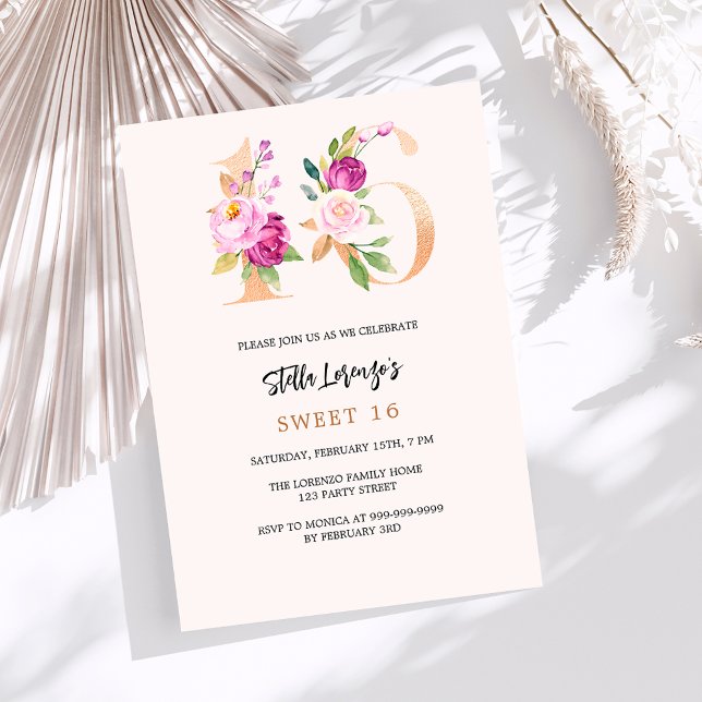 Pink peach floral numbers gold Sweet 16 Invitation (Creator Uploaded)