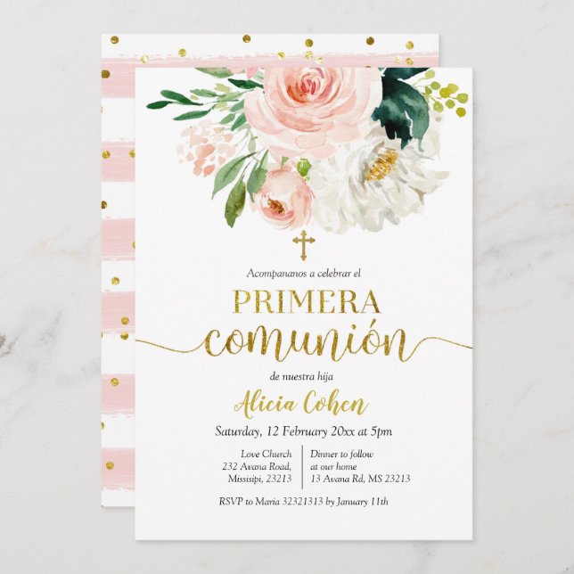Pink Peach Floral Primera comunión Invitacion Invitation (Front/Back)