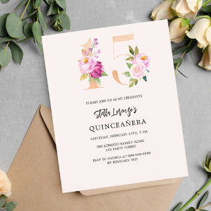Pink peach floral Quinceanera budget invitation