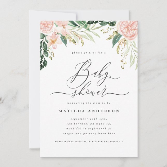 Pink peach floral watecolor baby shower party (Front)