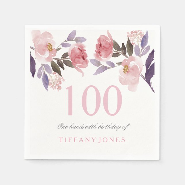 Pink Peach Floral Watercolor 100th Birthday Napkin (Front)