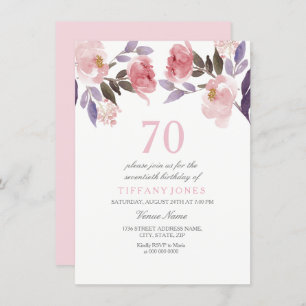 Pink Peach Floral Watercolor 70th Birthday Invite
