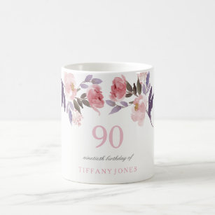 Pink Peach Floral Watercolor 90th Birthday Gift Coffee Mug