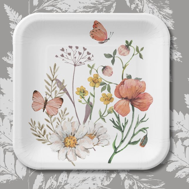 Pink Peach Floral Wildflowers Square Paper Plate (Creator Uploaded)