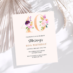 Pink peach florals 40th birthday budget invitation