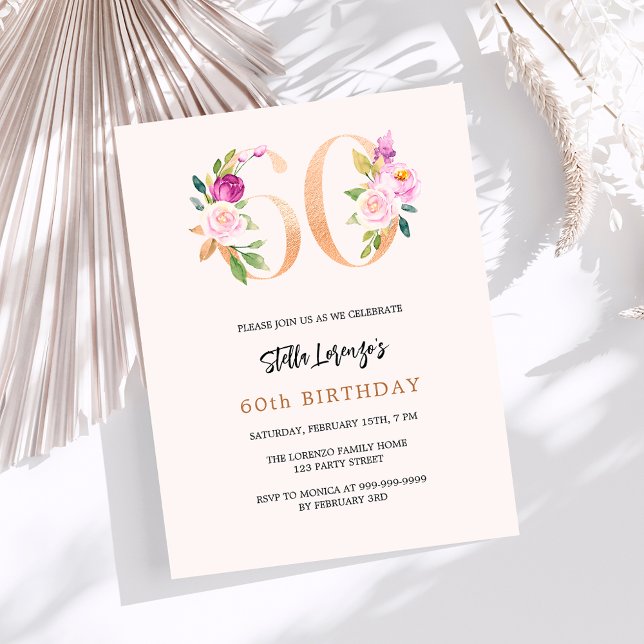 Pink peach florals 60th birthday budget invitation (Creator Uploaded)